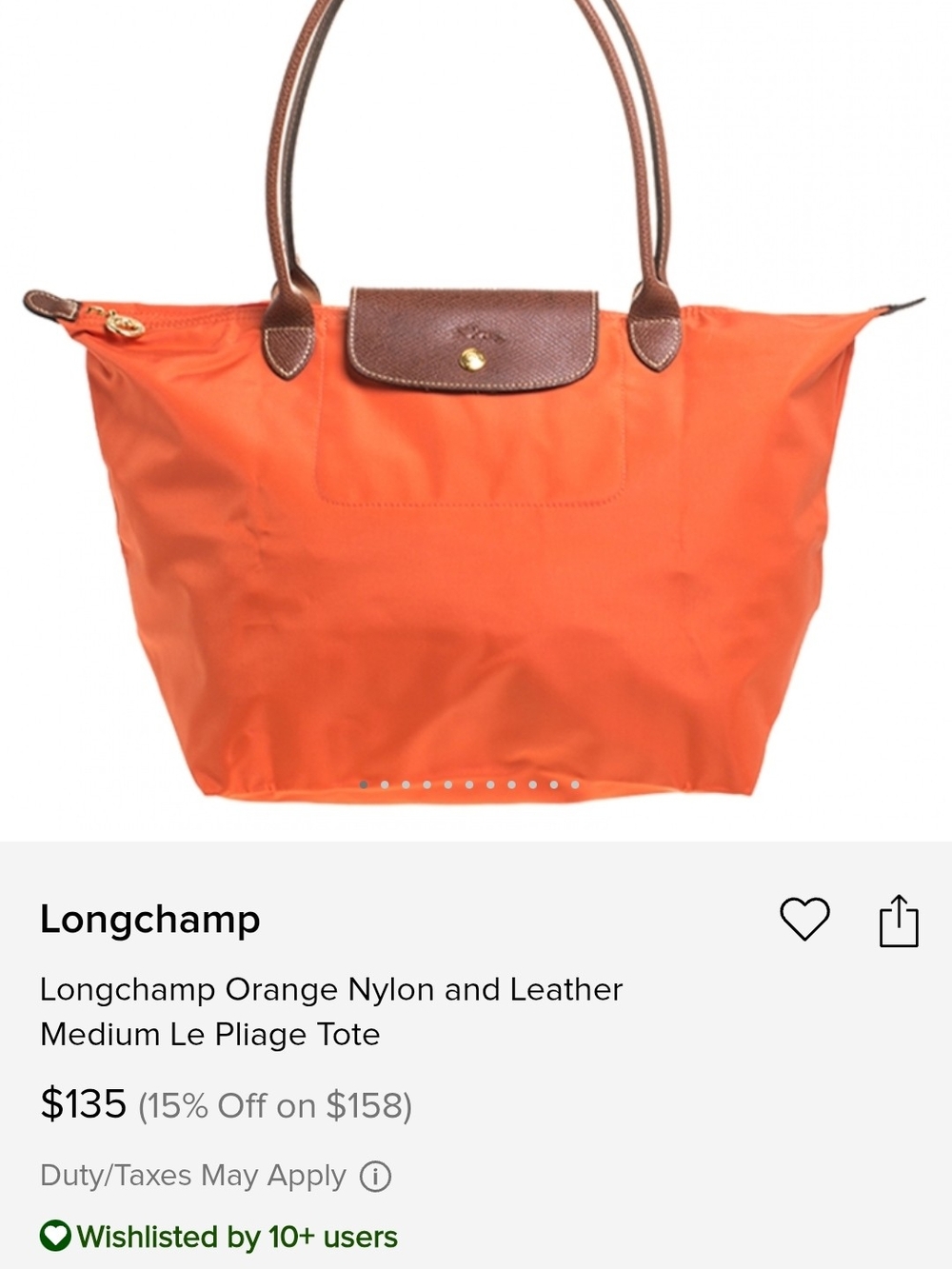 Longchamp Le Pliage Medium Tote in Orange with Brown Trim